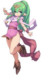 Rule 34 | 1girl, bangle, bare legs, boots, bottomless, bracelet, brown footwear, commentary request, covered navel, dress, fire emblem, fire emblem: mystery of the emblem, full body, green eyes, green hair, groin, hair between eyes, headpiece, high ponytail, highres, impossible clothes, impossible dress, jewelry, karukan (monjya), long hair, nintendo, no panties, outstretched arms, painttool sai (medium), pink dress, pink scarf, pointy ears, ponytail, scarf, simple background, sleeveless, sleeveless dress, solo, thick thighs, thighs, tiki (fire emblem), tiki (young) (fire emblem), very long hair, white background