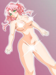 Rule 34 | 1girl, blush, breasts, censored, censored nipples, convenient censoring, glowing, gradient background, green eyes, highres, inabakun00, large breasts, long hair, looking at viewer, navel, nude, original, parted lips, pink hair, ponytail, rio (inaba), solo, sparkle