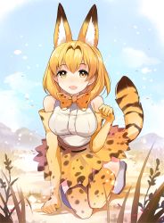 Rule 34 | 10s, 1girl, :d, animal ears, animal print, apring, bad id, bad pixiv id, bare shoulders, blonde hair, blue sky, boots, bow, breasts, cat ears, cat tail, day, elbow gloves, full body, gloves, kemono friends, kneeling, large breasts, looking at viewer, nature, open mouth, outdoors, serval (kemono friends), serval print, serval tail, shirt, short hair, skirt, sky, sleeveless, sleeveless shirt, smile, solo, tail, thighhighs, white footwear, white shirt, yellow eyes