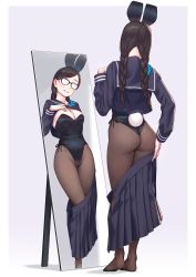 Rule 34 | 1girl, animal ears, ass, bare shoulders, black hair, black leotard, blush, bow, bowtie, braid, breasts, brown pantyhose, clothes lift, clothes pull, commentary request, detached collar, fake animal ears, fake tail, groin, highleg, highres, leotard, long hair, looking at mirror, medium breasts, mirror, original, pantyhose, playboy bunny, rabbit ears, rabbit tail, reflection, sailor collar, school uniform, shirt lift, skirt, skirt pull, smile, strapless, strapless leotard, tail, twin braids, undressing, yuuji (and)