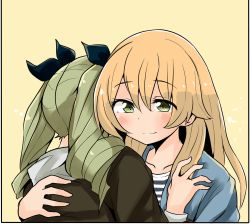 Rule 34 | 1koma, 2girls, anchovy (girls und panzer), barashiya, black border, black jacket, black ribbon, blonde hair, blue jacket, blue shirt, blush, border, carpaccio (girls und panzer), casual, closed mouth, comic, commentary, drill hair, girls und panzer, green eyes, green hair, hair ribbon, hand on another&#039;s back, hand on another&#039;s chest, highres, hood, hoodie, hug, jacket, long hair, long sleeves, multiple girls, ribbon, shirt, smile, striped clothes, striped shirt, twin drills, twintails, yellow background