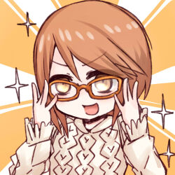 &gt;:) 1girl :d adjusting_eyewear aran_sweater brown_eyes brown_hair cable_knit child commentary glasses hair_between_eyes hands_up i.u.y kinuhata_saiai looking_at_viewer medium_hair open_mouth orange-framed_eyewear orange_background sidelocks smile solo sparkle sweater toaru_majutsu_no_index upper_body v-shaped_eyebrows white_sweater