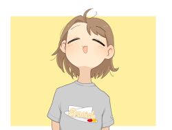 Rule 34 | 1girl, blush, brown background, brown hair, closed eyes, clothes writing, english text, facing viewer, fool iketani, grey shirt, highres, open mouth, original, shirt, short sleeves, solo, two-tone background, upper body, white background