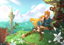 Rule 34 | 1boy, 1girl, belt, blonde hair, blue eyes, blue flower, blue sky, blue tunic, boots, brown belt, brown footwear, brown gloves, brown pants, cloud, day, fingerless gloves, flower, gloves, grass, grey hair, highres, holding, holding stick, knee boots, korok, link, little enne, long hair, looking at another, medium hair, nintendo, open mouth, outdoors, pants, pointy ears, princess zelda, shoulder belt, sitting, sky, stick, teeth, the legend of zelda, the legend of zelda: breath of the wild, tower, tree, upper teeth only, white flower, white petals