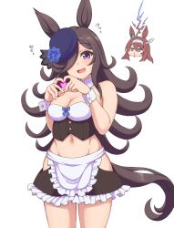 Rule 34 | 2girls, absurdres, animal ears, apron, black hair, blood, blue eyes, blue flower, blue hat, blue ribbon, blue rose, breasts, cleavage, detached collar, flower, flying sweatdrops, frilled skirt, frills, hair over one eye, hakutaqanta, hat, highres, hip vent, horse ears, horse girl, horse tail, long hair, looking at viewer, maid apron, medium breasts, midriff, mihono bourbon (umamusume), mini hat, miniskirt, multiple girls, nosebleed, open mouth, purple eyes, red hair, ribbon, rice shower (umamusume), rose, skirt, smile, sweatdrop, tail, toned, umamusume, white background, wrist cuffs