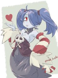 Rule 34 | 1girl, blue hair, blue skin, breasts, cleavage, colored skin, covered navel, detached collar, detached sleeves, dress, hair over one eye, hand on own hip, heart, highres, medium breasts, mtk hoshi, pursed lips, red eyes, skullgirls, solo, squigly (skullgirls), stitched mouth, stitches, striped sleeves, twintails, wide hips, zombie