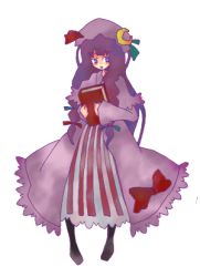 Rule 34 | 1girl, 24nora, book, boots, bow, brown footwear, crescent, dress, female focus, frills, grimoire, hat, holding, holding book, knee boots, long hair, looking at viewer, lowres, mob cap, patchouli knowledge, purple eyes, purple hair, solo, standing, striped clothes, striped dress, touhou, vertical stripes, very long hair