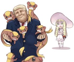 Rule 34 | 1boy, 1girl, :o, angry, bag, blonde hair, blunt bangs, blurry, braid, clenched teeth, closed eyes, collared dress, creatures (company), d:, depth of field, donald trump, dress, duffel bag, formal, game freak, gen 7 pokemon, green eyes, hat, head tilt, holding, holding strap, lillie (pokemon), long hair, look-alike, nintendo, open mouth, poke ball theme, pokemon, pokemon (creature), pokemon sm, politician, real life, shaded face, sharp teeth, short hair, simple background, sleeveless, sleeveless dress, suit, sukemyon, sun hat, sundress, surprised, sweat, teeth, trait connection, twin braids, white dress, yungoos