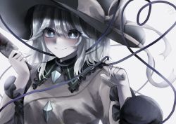 Rule 34 | 1girl, absurdres, backlighting, blood, bloody knife, frills, hat, heart, heart of string, highres, holding, holding knife, knife, komeiji koishi, long hair, looking at viewer, muted color, simple background, smile, solo, t terano, third eye, touhou, upper body, white background