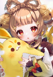 Rule 34 | 1girl, basket, bell, blunt bangs, bow-shaped hair, braid, brown hair, chinese clothes, commentary request, hugging doll, enden hamu, genshin impact, hair bell, hair ornament, hairclip, highres, long hair, long sleeves, looking at viewer, hugging object, orange eyes, parted lips, radish, sidelocks, simple background, solo, stuffed animal, stuffed rabbit, stuffed toy, twin braids, upper body, white background, yaoyao (genshin impact), yuegui (genshin impact)