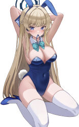 Rule 34 | 1girl, absurdres, animal ears, armpits, arms behind head, arms up, bare arms, bare shoulders, blonde hair, blue archive, blue eyes, blue footwear, blue hairband, blue leotard, bow, bowtie, braid, breasts, cleavage, covered navel, detached collar, earpiece, fake animal ears, fake tail, hair ribbon, hairband, halo, high heels, highleg, highleg leotard, highres, leotard, long hair, looking at viewer, medium breasts, mouth hold, official alternate costume, playboy bunny, rabbit ears, rabbit tail, ribbon, seemu (wnslqjdignv ), seiza, simple background, sitting, skindentation, solo, strapless, strapless leotard, tail, thighhighs, thighs, toki (blue archive), toki (bunny) (blue archive), very long hair, white background, white thighhighs