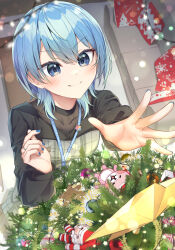 Rule 34 | 1girl, absurdres, alternate costume, black shirt, blue eyes, blue hair, blue nails, blurry, blush, bokeh, christmas, christmas lights, christmas tree, closed mouth, commentary, couch, depth of field, from above, hand up, highres, hololive, hoshimachi suisei, indoors, lanyard, long sleeves, nail polish, outstretched arm, shirt, short hair, smile, solo, star (symbol), star in eye, symbol in eye, tang-du, upper body, v-shaped eyebrows, virtual youtuber