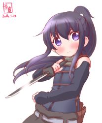 Rule 34 | &gt;:(, 1girl, akatsuki (kancolle), akatsuki (log horizon), akatsuki (log horizon) (cosplay), alternate costume, alternate hairstyle, bare shoulders, belt, blush, cosplay, dated, detached sleeves, frown, highres, holding, holding sword, holding weapon, kanon (kurogane knights), kantai collection, log horizon, long hair, look-alike, name connection, ponytail, purple eyes, purple hair, short sword, simple background, solo, sweatdrop, sword, v-shaped eyebrows, weapon, white background, wind