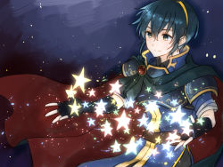 Rule 34 | 1boy, belt, black cape, blue eyes, blue hair, brooch, cape, elbow gloves, fingerless gloves, fire emblem, fire emblem: mystery of the emblem, gem, gloves, hair between eyes, hairband, jewelry, kumakosion, male focus, marth (fire emblem), matching hair/eyes, nintendo, purple background, red cape, red gemstone, shoulder pads, simple background, smile, solo, star (symbol), upper body