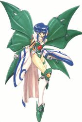 Rule 34 | 1990s (style), 1girl, akitaka mika, armor, blue hair, boots, breasts, cape, choker, cleavage, detached sleeves, elbow gloves, facial mark, forehead mark, ginga ojou-sama densetsu yuna, gloves, greaves, headphones, highres, mecha musume, pauldrons, red eyes, retro artstyle, scan, shoulder armor, simple background, solo, teshigawara mari, thigh boots, thigh strap, thighhighs, thighs, wings