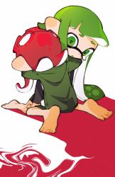 Rule 34 | 2girls, absurdres, barefoot, bike shorts, black shorts, colored tongue, frown, green eyes, green hair, green tongue, highres, hood, hood down, hug, inari1369, inkling, inkling girl, inkling player character, kneeling, long hair, long sleeves, multiple girls, nintendo, octoling, octoling girl, octoling player character, open mouth, red hair, shorts, single vertical stripe, sitting, splatoon (series), suction cups, tentacle hair, white background