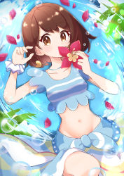 Rule 34 | 1girl, blue sarong, blue shirt, breasts, brown eyes, brown hair, bubble, collarbone, commentary request, creatures (company), eyelashes, flower, game freak, gloria (pokemon), gloria (summer 2021) (pokemon), hands up, haru (haruxxe), highres, holding, holding flower, jewelry, looking at viewer, medium breasts, navel, necklace, nintendo, official alternate costume, petals, pokemon, pokemon masters ex, purple flower, ripples, sarong, scrunchie, shirt, short hair, sleeveless, sleeveless shirt, solo, water, wrist scrunchie