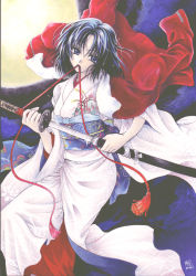 Rule 34 | 1girl, acrylic paint (medium), japanese clothes, kara no kyoukai, katana, kimono, marker (medium), painting (medium), ryougi shiki, sagami, solo, sword, traditional media, weapon