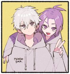 2boys blue_lock border drawstring hand_up hood hood_down hoodie looking_at_viewer male_focus mikage_reo multiple_boys nagi_seishirou nploser open_mouth purple_eyes purple_hair simple_background smile v white_border white_hair white_hoodie yellow_background