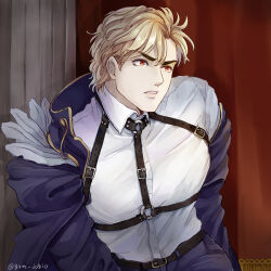 Rule 34 | 1boy, alternate costume, belt, blonde hair, blue pants, coat, commentary request, dio brando, feathers, grm jogio, harness, highres, jojo no kimyou na bouken, long sleeves, looking away, male focus, muscular, official alternate costume, pants, parted lips, phantom blood, red eyes, shirt, short hair, solo, white shirt