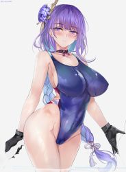 Rule 34 | 1girl, black gloves, blue one-piece swimsuit, braid, breasts, choker, competition swimsuit, covered navel, flower, from side, genshin impact, gloves, hair ornament, highres, large breasts, long hair, low-braided long hair, low-tied long hair, misaka 12003-gou, mole, mole under eye, navel, obiage, obijime, one-piece swimsuit, purple eyes, purple flower, purple hair, raiden shogun, sideboob, simple background, skindentation, solo, swimsuit, thighs, wading, water, wet, white background