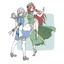 Rule 34 | 2girls, ankle socks, between fingers, blue eyes, bow, cup, embodiment of scarlet devil, female focus, fighting stance, garter straps, grey hair, hat, holding, holding knife, hong meiling, izayoi sakuya, knife, knives between fingers, lace, lace-trimmed legwear, lace trim, long hair, multiple girls, nobuya, one eye closed, open mouth, red hair, socks, teacup, teapot, thighhighs, touhou, tray, very long hair, weapon, white legwear, wink