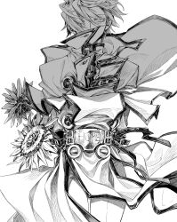 Rule 34 | 1boy, belt, belt buckle, buckle, capelet, coat, dong hole, floating hair, flower, greyscale, guilty gear, guilty gear x, guilty gear xx, hair over one eye, highres, ky kiske, looking at viewer, monochrome, short hair, solo, sunflower, swept bangs
