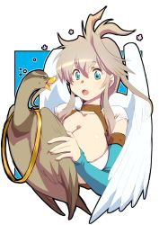 Rule 34 | :o, ahoge, animal, arm warmers, bird, blue eyes, breasts, chialo le solaluna, cleavage, duck, eye contact, holding, holding animal, holding bird, large breasts, light brown hair, looking at another, pattlephyt (pixiv fantasia age of starlight), pixiv fantasia, pixiv fantasia age of starlight, sidelocks, simple background, white wings, wings, yagisaka seto