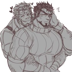Rule 34 | 2boys, arm hair, bara, beard, blush, collared shirt, couple, embarrassed, facial hair, fire emblem, flying sweatdrops, garcia (fire emblem), gilliam (fire emblem), goatee, greyscale, grin, hair slicked back, hand on own face, heart, highres, hug, hug from behind, juggermelon, large pectorals, long sideburns, male focus, mature male, monochrome, multiple boys, muscular, muscular male, nintendo, pectorals, shirt, short hair, sideburns, sketch, sleeves pushed up, smile, striped clothes, striped sweater, sweater, thick eyebrows, tight clothes, tight shirt, upper body