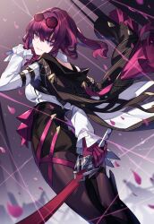Rule 34 | 1girl, black jacket, black shorts, blurry, blurry background, breasts, chest harness, commentary, cowboy shot, eyewear on head, falling petals, gloves, gradient background, harness, highres, hizuki miya, holding, holding sword, holding weapon, honkai: star rail, honkai (series), jacket, kafka (honkai: star rail), long sleeves, looking at viewer, looking back, medium breasts, pantyhose, pantyhose under shorts, petals, purple background, purple eyes, purple gloves, purple hair, round eyewear, shirt, shorts, smile, solo, spider web print, sword, thread, weapon, white shirt