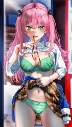 Rule 34 | 1girl, aikawa megumi, bra, breasts, cleavage, commentary request, green bra, green eyes, green panties, heaven burns red, highres, large breasts, lifting own clothes, long hair, looking at viewer, noir (nowaru), panties, pink hair, signature, solo, two side up, underwear