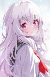 Rule 34 | 1girl, black sailor collar, blush, clara (honkai: star rail), commentary request, deyui, from side, hair between eyes, highres, honkai: star rail, honkai (series), long hair, looking at viewer, looking to the side, neckerchief, parted lips, purple eyes, red neckerchief, sailor collar, school uniform, serafuku, shirt, solo, upper body, very long hair, white hair, white shirt