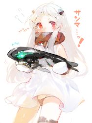 Rule 34 | 10s, 1girl, abyssal ship, atsumi jun, black panties, colored skin, dress, i-class destroyer, kantai collection, long hair, mittens, northern ocean princess, panties, red eyes, solo, underwear, white dress, white hair, white skin