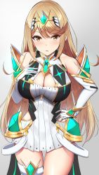 Rule 34 | 1girl, bare legs, bare shoulders, blonde hair, breasts, chest jewel, cleavage, cleavage cutout, clothing cutout, dress, earrings, elbow gloves, gloves, highres, jewelry, large breasts, long hair, mythra (xenoblade), noeomi, short dress, solo, swept bangs, thigh strap, tiara, very long hair, white dress, white gloves, xenoblade chronicles (series), xenoblade chronicles 2, yellow eyes