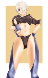 Rule 34 | 1girl, angel (kof), bad id, bad pixiv id, blue eyes, breasts, covered erect nipples, fingerless gloves, gloves, hair over one eye, large breasts, midriff, panties, pointing, simple background, snk, solo, suzumebachi (artist), suzumebachi (bumblebeez), the king of fighters, tongue, underwear, white hair