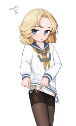 Rule 34 | 1girl, absurdres, anchor necklace, anchor ornament, black pantyhose, blonde hair, blue eyes, blue sailor collar, cosplay, dress, feet out of frame, highres, janus (kancolle), jewelry, kantai collection, looking at viewer, lowleg, lowleg pantyhose, maru (marg0613), neckerchief, necklace, one-hour drawing challenge, pantyhose, sailor collar, sailor dress, short hair, solo, thighband pantyhose, tied dress, tokitsukaze (kancolle), tokitsukaze (kancolle) (cosplay), twitter username, white dress, yellow neckerchief