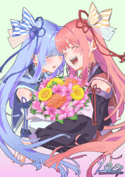 Rule 34 | 2girls, absurdres, alternate costume, anniversary, black jacket, blue capelet, blue hair, blue ribbon, blush, bouquet, capelet, closed eyes, clothing cutout, commentary, cropped torso, facing another, floating hair, flower, flower knot, from side, green background, hair ribbon, high collar, highres, holding, holding bouquet, jacket, kotonoha akane, kotonoha aoi, long hair, long sleeves, multiple girls, open mouth, pink hair, red capelet, red ribbon, ribbon, sharp teeth, shiratama (siratama5656), shoulder cutout, simple background, smile, teeth, very long hair, voiceroid, white jacket