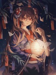 Rule 34 | 1girl, absurdres, alternate costume, bamboo, blue kimono, brown hair, bug, butterfly, commentary, english commentary, floral print, flower, genshin impact, hair flower, hair ornament, hand up, highres, holding, holding lantern, hu tao (genshin impact), insect, japanese clothes, kimono, lantern, long hair, looking at viewer, night, night sky, no headwear, obi, paper lantern, parted lips, red eyes, sash, sky, solo, standing, tanabata, tanzaku, twintails, upper body, zerotabi1210