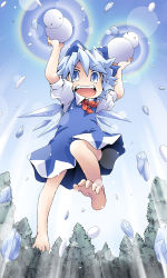 Rule 34 | 1girl, :d, bare legs, barefoot, blue eyes, blue hair, cirno, dual wielding, feet, forest, ham (points), holding, ice, jumping, looking at viewer, matching hair/eyes, nature, open mouth, short hair, smile, snow, snowman, solo, teeth, touhou, tree, wings
