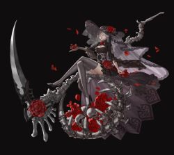 Rule 34 | 1girl, absurdres, black background, black capelet, black dress, breasts, capelet, dress, eyelashes, closed eyes, figure four sitting, flower, frilled dress, frilled sleeves, frills, full body, gloves, goth fashion, hat, hat flower, high heels, highres, holding, holding flower, huge weapon, lipstick, makeup, medium breasts, medium hair, original, rose, sitting, skull, solo, sun hat, thighhighs, thighs, weapon, youngmoon 99