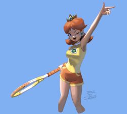 Rule 34 | 1girl, ;d, absurdres, blue background, blue eyes, breasts, brown hair, commentary, cropped legs, crown, earrings, english commentary, flower earrings, highres, holding, ironicnotsavage, jewelry, long hair, looking at viewer, mario (series), mario tennis, mario tennis aces, medium breasts, nintendo, official alternate costume, one eye closed, open mouth, princess daisy, racket, shorts, smile, solo, tennis daisy, tennis racket, wristband