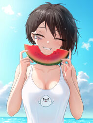 Rule 34 | 1girl, bare shoulders, black hair, breasts, cleavage, closed eyes, eating, food, fruit, highres, leo queval, md5 mismatch, medium breasts, ocean, short hair, smile, solo, summer, tattoo, umi and iris, umi shimizu, watermelon