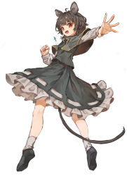 Rule 34 | 1girl, :d, absurdres, animal ears, black footwear, capelet, clenched hand, commentary request, full body, grey hair, highres, jewelry, long sleeves, looking at viewer, mouse ears, mouse tail, nazrin, open mouth, outstretched arm, pendant, red eyes, shoes, simple background, smile, socks, solo, standing, tail, touhou, white background, yanyan (shinken gomi)