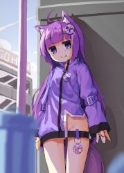 Rule 34 | 1girl, animal ear fluff, animal ears, bad id, bad twitter id, blurry, building, character request, city, copyright request, depth of field, fang, female focus, hair ornament, hassai, highres, hip vent, jacket, no panties, outdoors, public indecency, smile, solo, tail, thigh gap