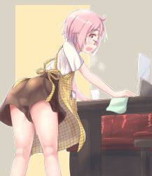 Rule 34 | 1girl, apron, ass, bare legs, bent over, blush, booth seating, breath, check commentary, commentary request, cup, drinking glass, drinking straw, dripping, glass, glasses, highres, ice, ice cube, indoors, looking at viewer, looking to the side, nonohara yuzuko, open mouth, pink hair, short hair, short sleeves, sidelocks, simple background, skirt, sweat, table, towel, wiping table, yuukin, yuyushiki