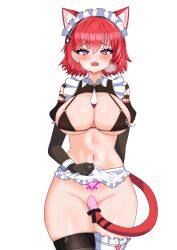 Rule 34 | 1girl, absurdres, animal ears, apron, apron lift, bare shoulders, bikini, black bikini, black gloves, blush, bottomless, breasts, cat ears, cat girl, cat tail, clothes lift, commentary request, ear piercing, elbow gloves, frilled apron, frills, gloves, heavy breathing, highres, janghwa (last origin), large breasts, last origin, maid, maid headdress, navel, oldsickkim, piercing, pink eyes, pubic tattoo, red hair, short hair, skirt, skirt lift, solo, stomach, swimsuit, tail, tattoo, thigh strap, thighhighs, waist apron
