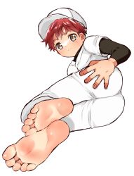 Rule 34 | 1boy, 1spu2, ass, barefoot, black bodysuit, bodysuit, child, closed mouth, commentary request, feet, foot focus, hand on own ass, highres, looking at viewer, lying, male focus, on side, original, pants, pink eyes, red hair, shirt, simple background, toes, white background, white headwear, white pants, white shirt