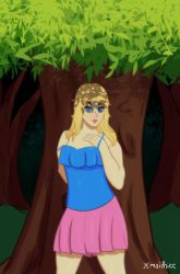 Rule 34 | 1girl, absurdres, blonde hair, blue eyes, blue shirt, forest, frilled shirt, frills, haley (stardew valley), highres, lipstick, looking at viewer, maiti, makeup, nature, pink skirt, shiny skin, shirt, skirt, solo, stardew valley, undressing