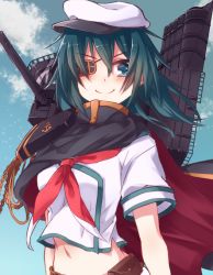 Rule 34 | &gt;:), 10s, 1girl, bad id, bad pixiv id, blush, cape, cloud, cloudy sky, day, eyepatch, female focus, green eyes, green hair, hat, kantai collection, kiso (kancolle), kiso kai ni (kancolle), looking at viewer, matching hair/eyes, moru (mzk17652), navel, shoulder pads, sky, smile, solo, v-shaped eyebrows