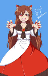Rule 34 | 1girl, animal ears, artist name, badbamboo, blue background, brown hair, claw pose, d:, d:&lt;, dated, dress, highres, imaizumi kagerou, long hair, looking at viewer, nail polish, open mouth, red eyes, red nails, simple background, solo, touhou, v-shaped eyebrows, very long hair